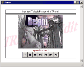 Inserted controls: TMediaPlayer and TPanel, displaying AVI movie