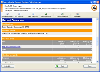 Report of the search engine ranking checker tool
