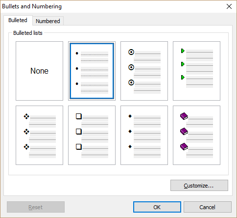 Bullets and numbering dialog Bullets and numbering dialog