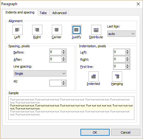 Paragraph dialog Paragraph dialog