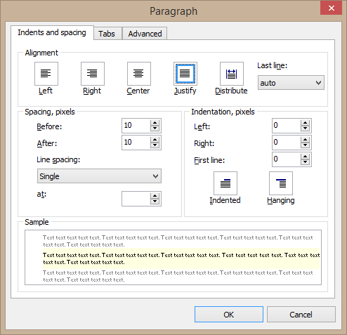 Paragraph dialog Paragraph dialog