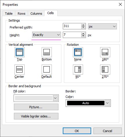 Table properties: exact cell height