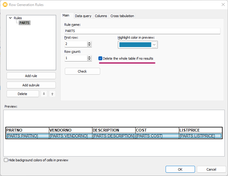 Dialog of rules for report table row generation: "essential" checkbox