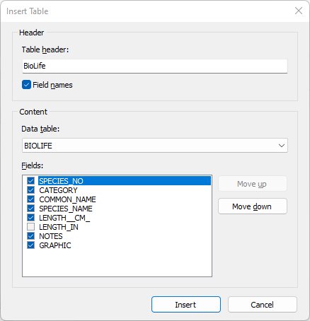 "Insert Report Table" dialog