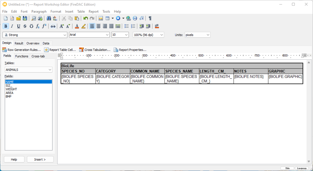 Report template that contains a table generated by "Insert Table" action