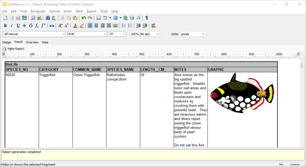 Report that contains a table generated by"Insert Table" action