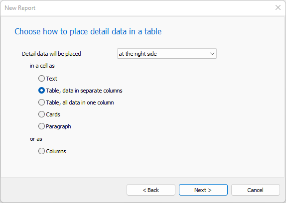 Report wizard: report type for details in a table