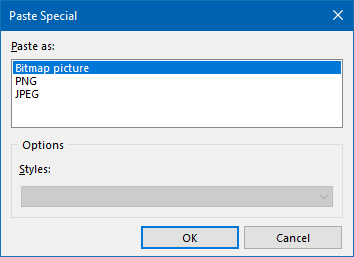 Paste special dialog: choosing image format